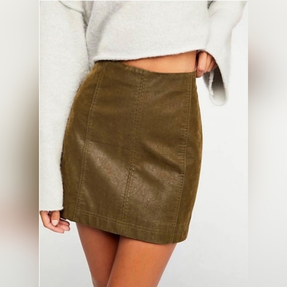 Free People Green/Brown Leather Mini Skirt